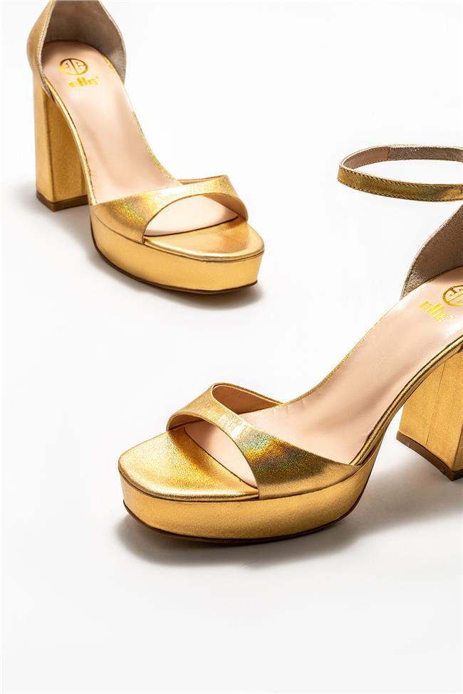 Gold Deri Kadın Topuklu Sandalet