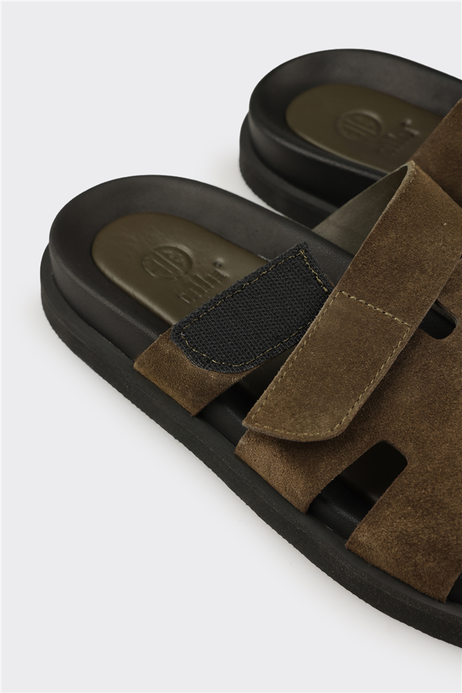 Haki Deri Erkek Günlük Terlik