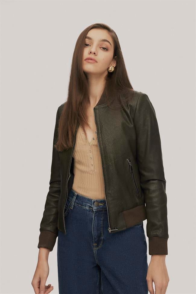 Haki Deri Kadın Ceket