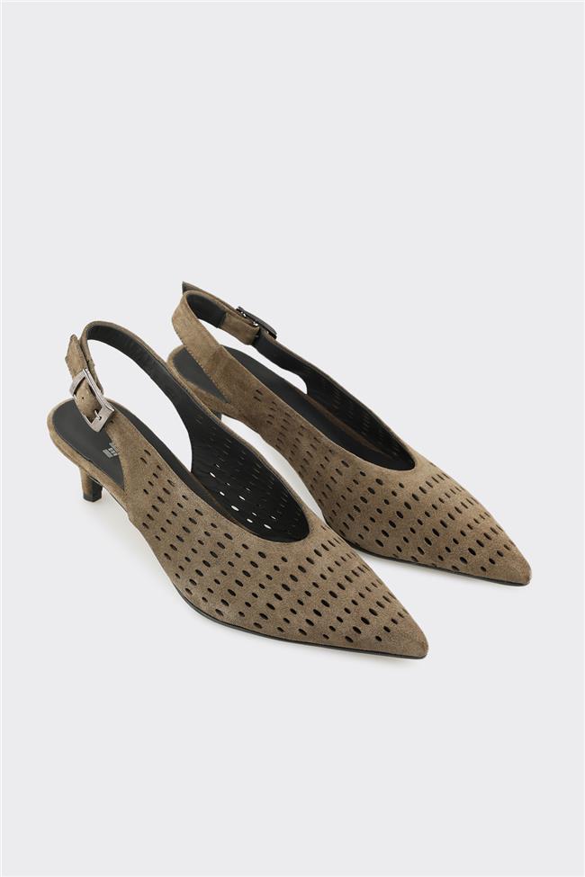 Haki Deri Kadın Topuklu Ayakkabı