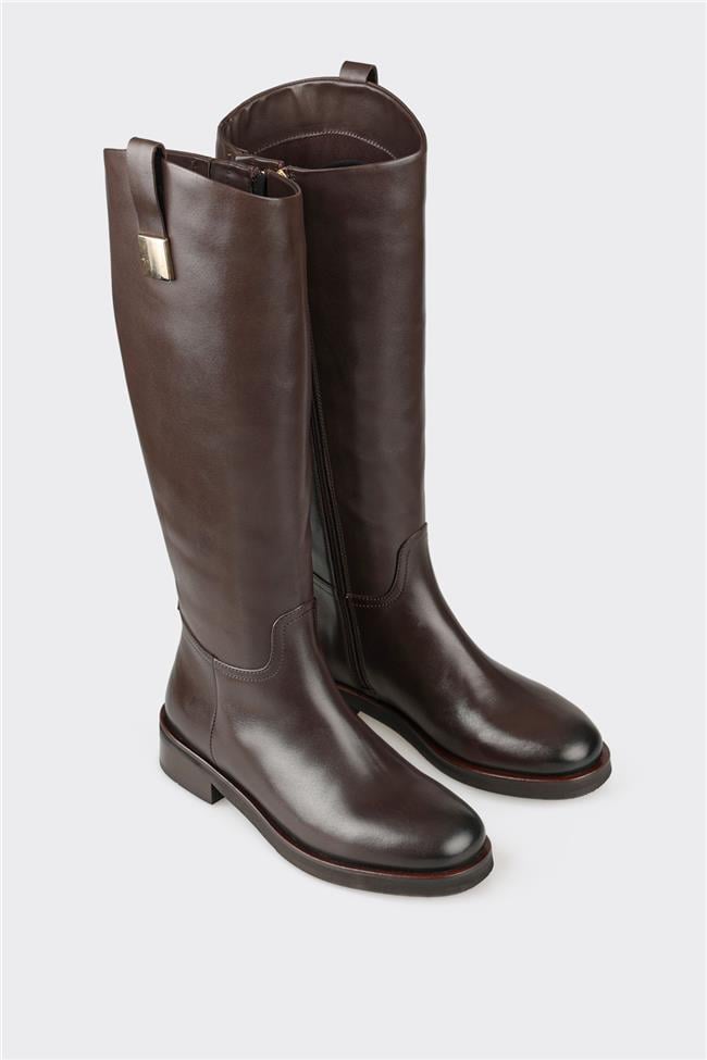 Kahve Deri Kadın Düz Çizme