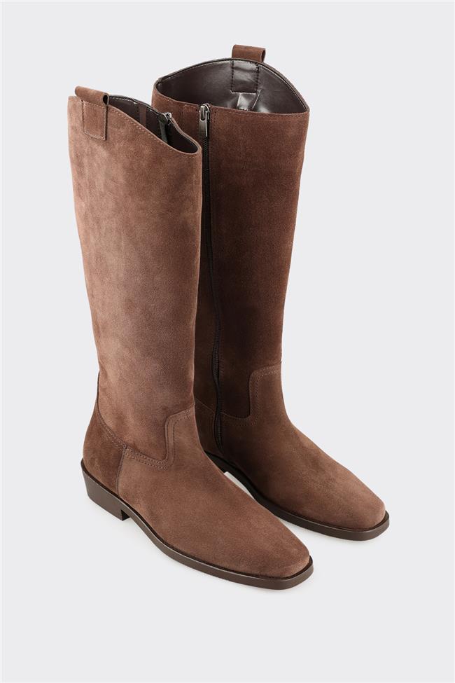 Kahve Deri Kadın Düz Çizme