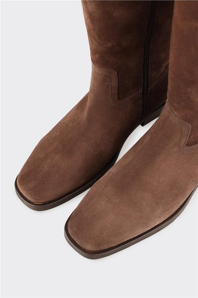 Kahve Deri Kadın Düz Çizme