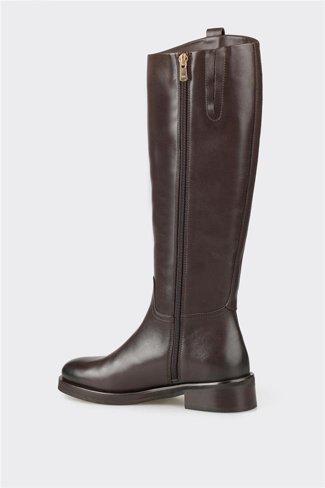 Kahve Deri Kadın Düz Çizme