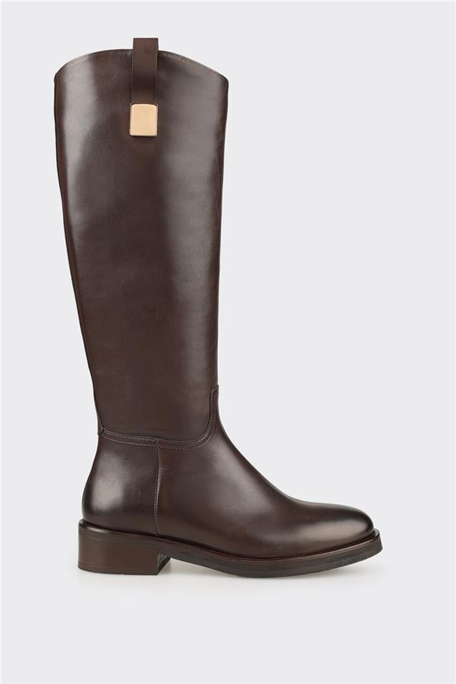 Kahve Deri Kadın Düz Çizme