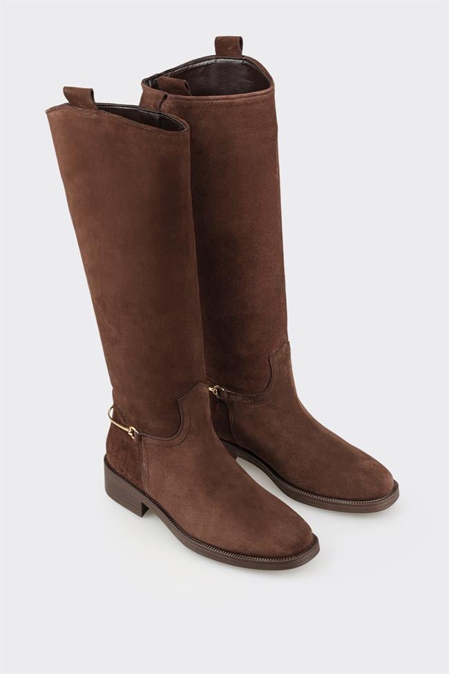 Kahve Deri Kadın Düz Çizme