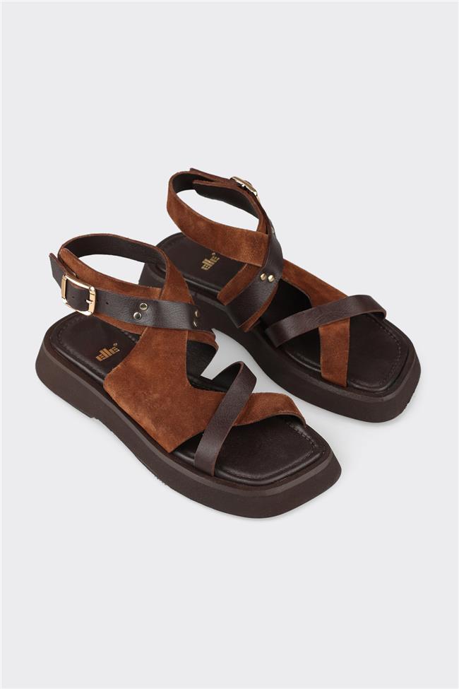 Kahve Deri Kadın Düz Sandalet