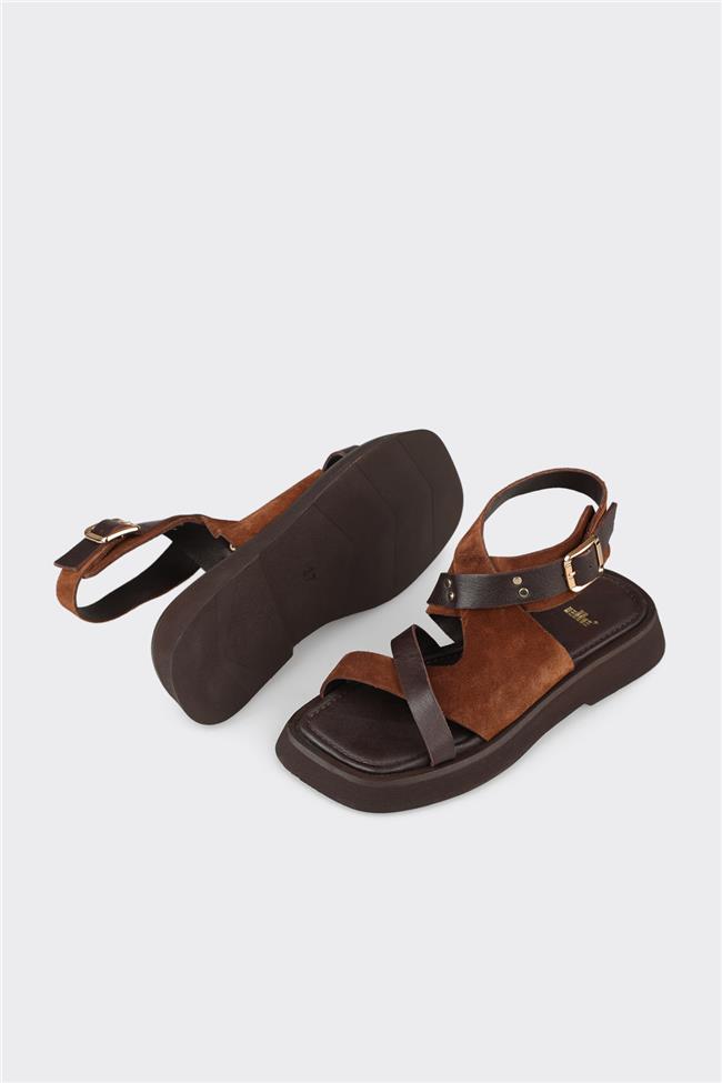 Kahve Deri Kadın Düz Sandalet