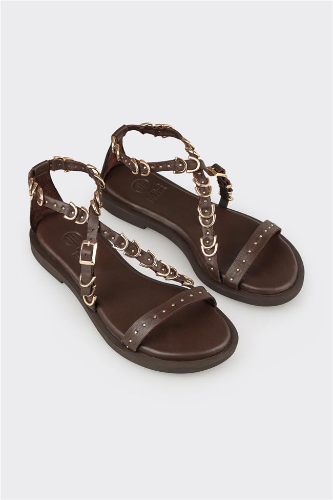 Kahve Deri Kadın Düz Sandalet