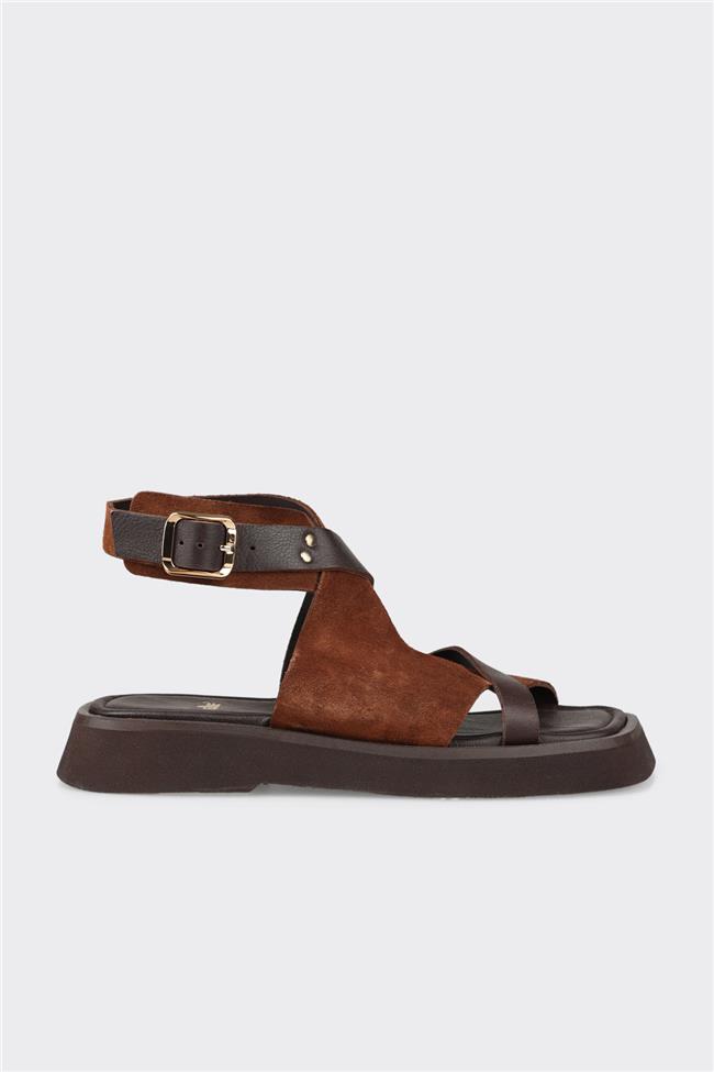 Kahve Deri Kadın Düz Sandalet