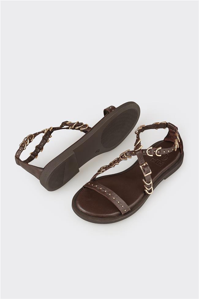 Kahve Deri Kadın Düz Sandalet