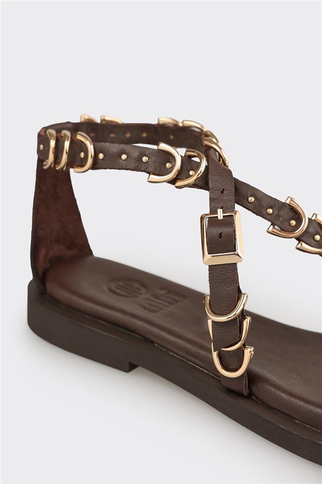 Kahve Deri Kadın Düz Sandalet