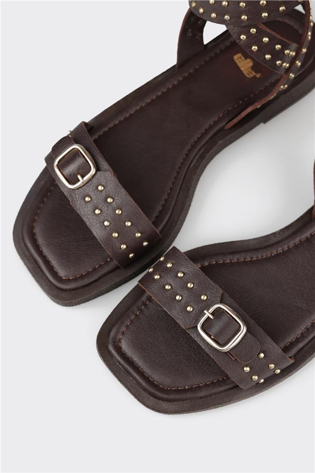 Kahve Deri Kadın Düz Sandalet