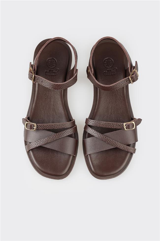 Kahve Deri Kadın Düz Sandalet