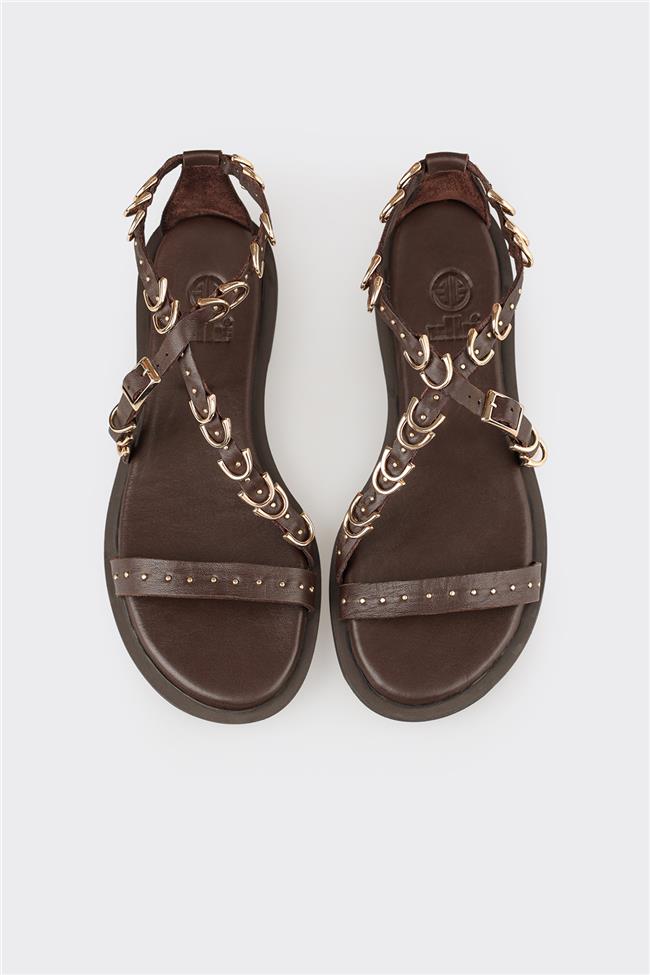 Kahve Deri Kadın Düz Sandalet