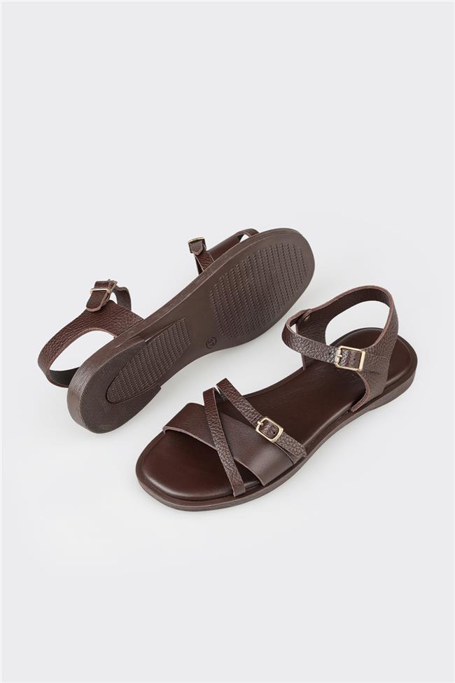 Kahve Deri Kadın Düz Sandalet