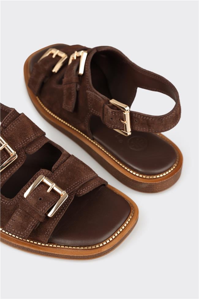 Kahve Deri Kadın Düz Sandalet