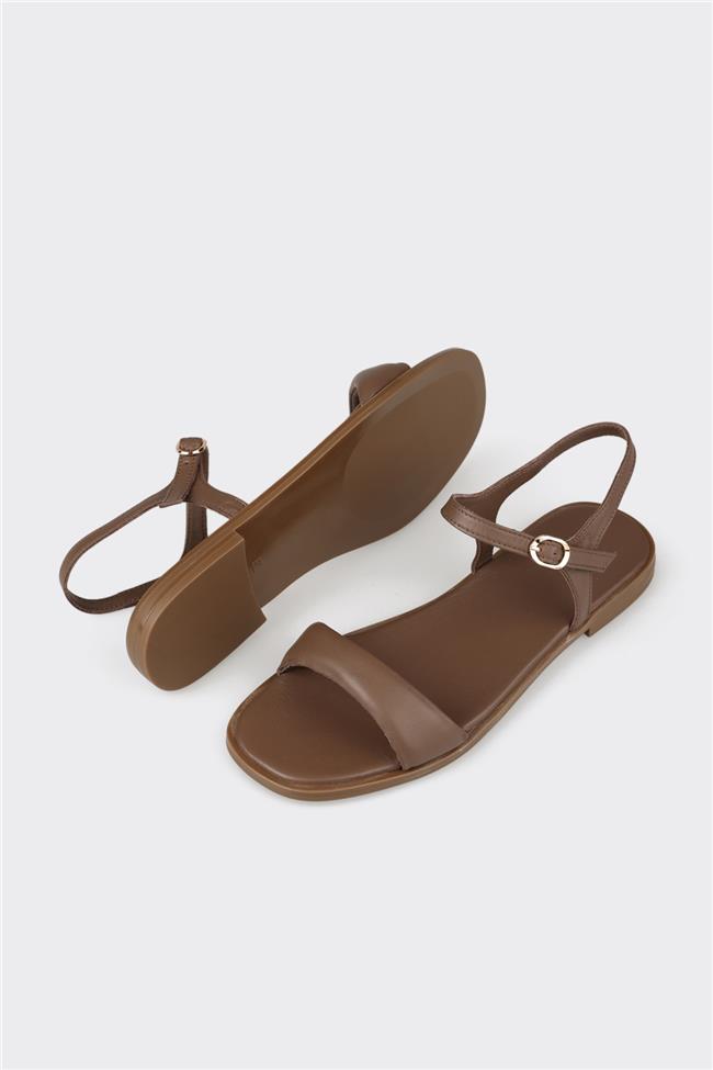 Kahve Deri Kadın Düz Sandalet