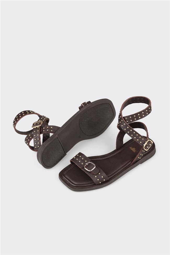 Kahve Deri Kadın Düz Sandalet