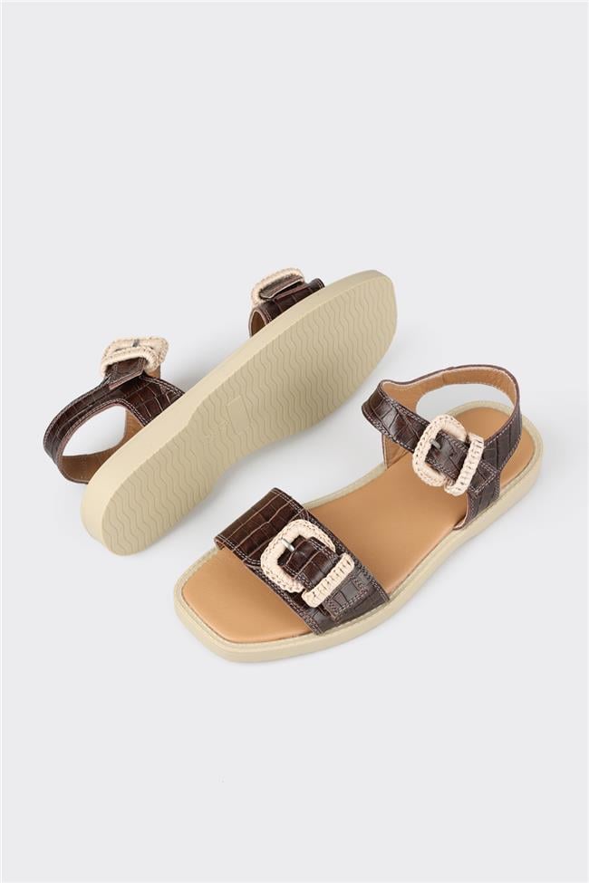 Kahve Deri Kadın Düz Sandalet
