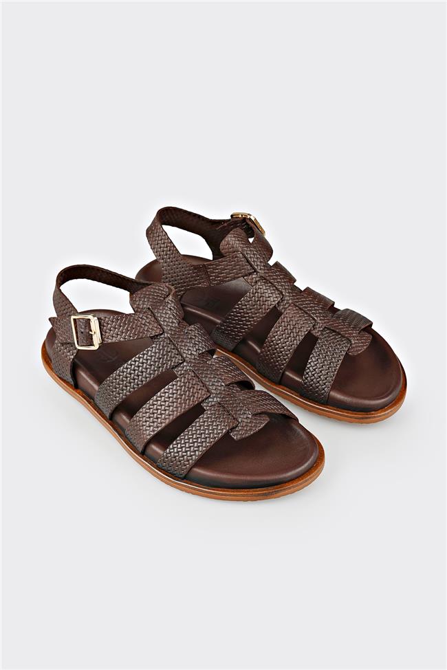 Kahve Deri Kadın Düz Sandalet