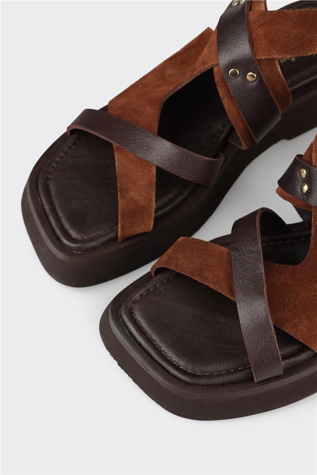 Kahve Deri Kadın Düz Sandalet