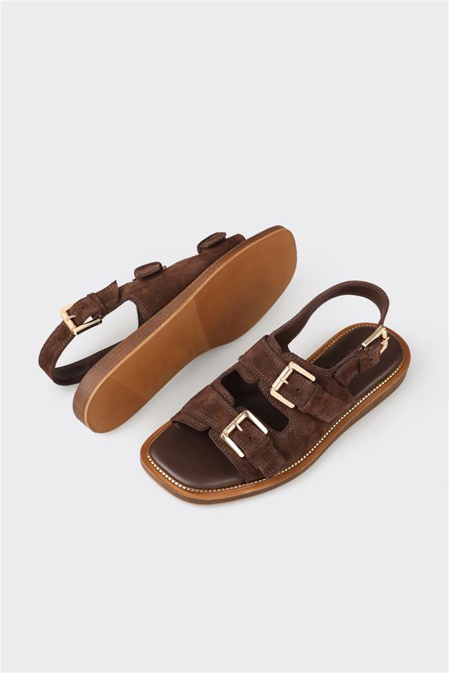 Kahve Deri Kadın Düz Sandalet