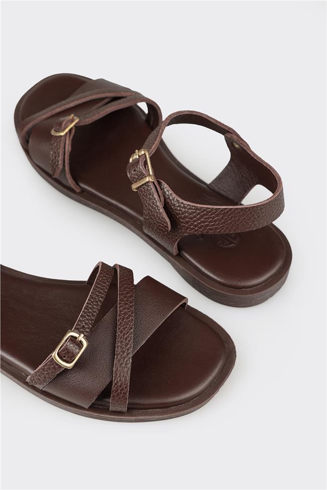 Kahve Deri Kadın Düz Sandalet