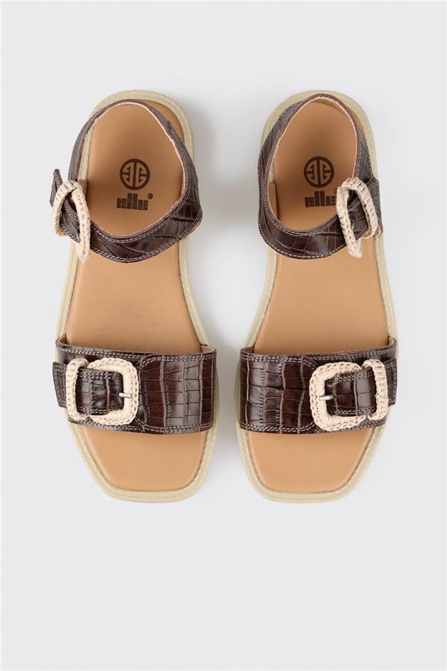 Kahve Deri Kadın Düz Sandalet