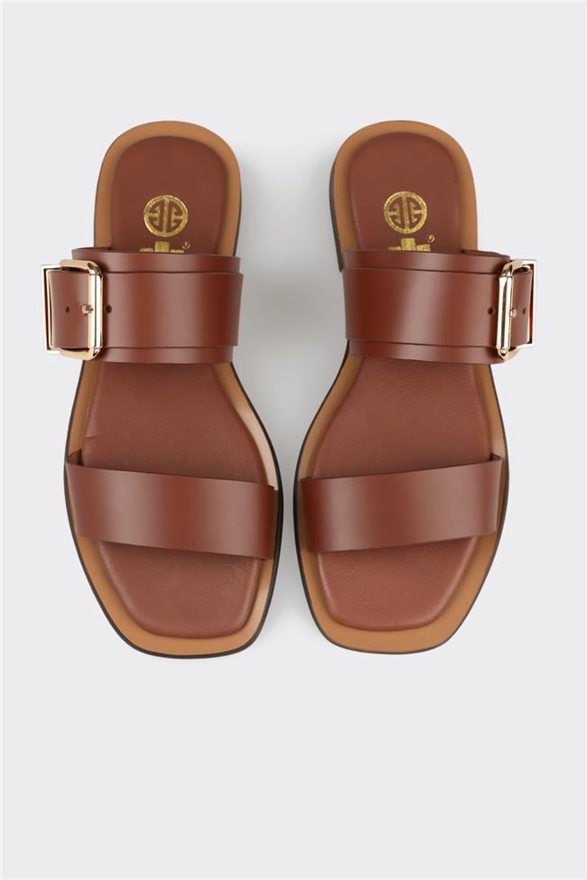 Kahve Deri Kadın Düz Terlik