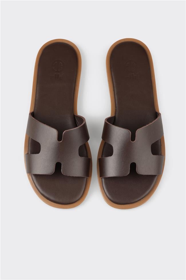 Kahve Deri Kadın Düz Terlik