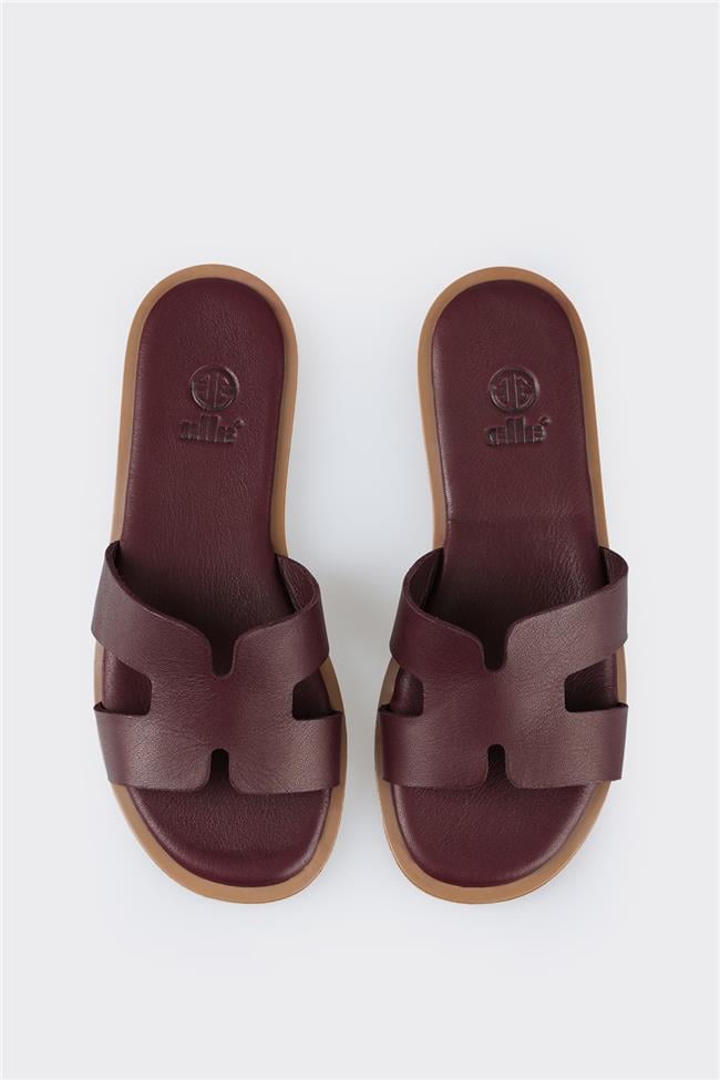 Kahve Deri Kadın Düz Terlik