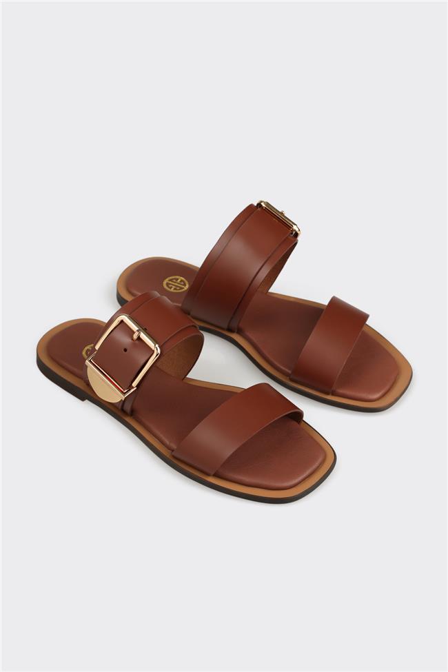 Kahve Deri Kadın Düz Terlik