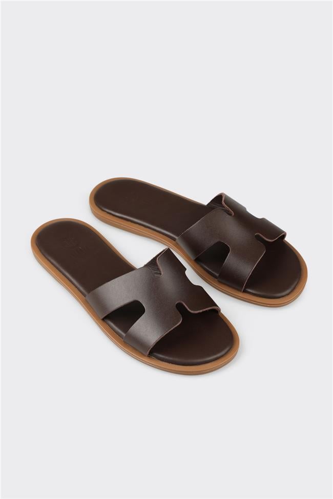 Kahve Deri Kadın Düz Terlik