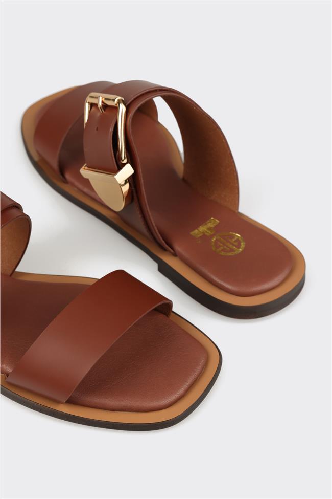 Kahve Deri Kadın Düz Terlik