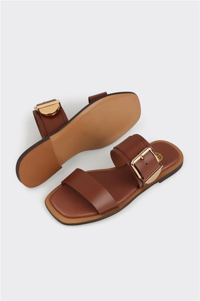 Kahve Deri Kadın Düz Terlik