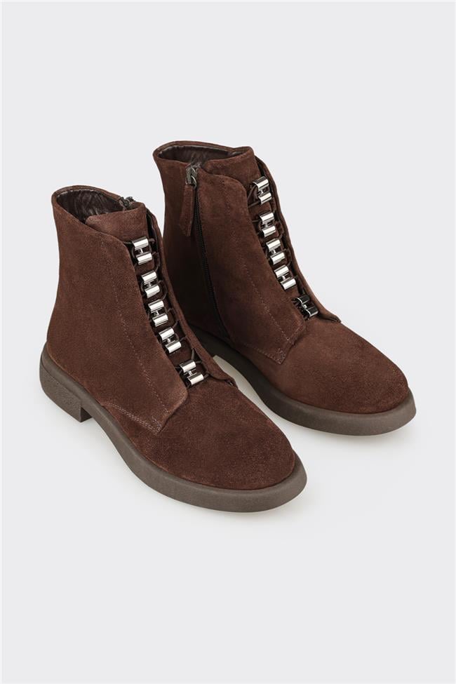 Kahve Deri Kadın Günlük Düz Bot