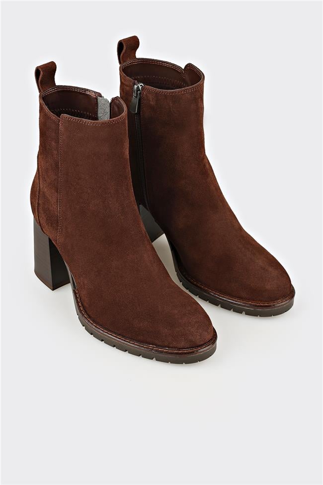 Kahve Deri Kadın Orta Topuk Bot