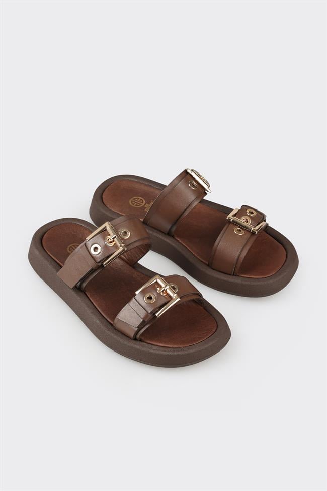 Kahve Deri Kadın Spor Terlik