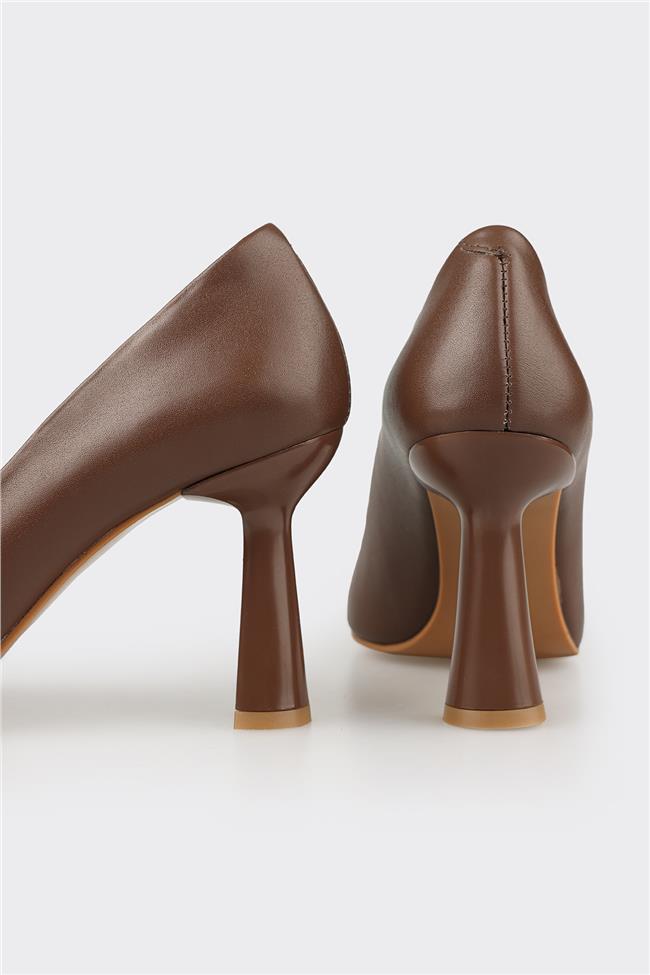 Kahve Deri Kadın Topuklu Ayakkabı