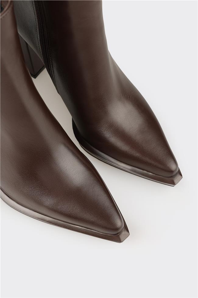 Kahve Deri Kadın Topuklu Bot