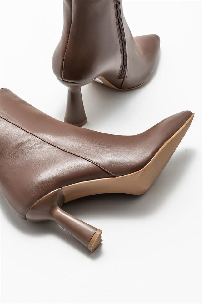 Kahve Deri Kadın Topuklu Bot