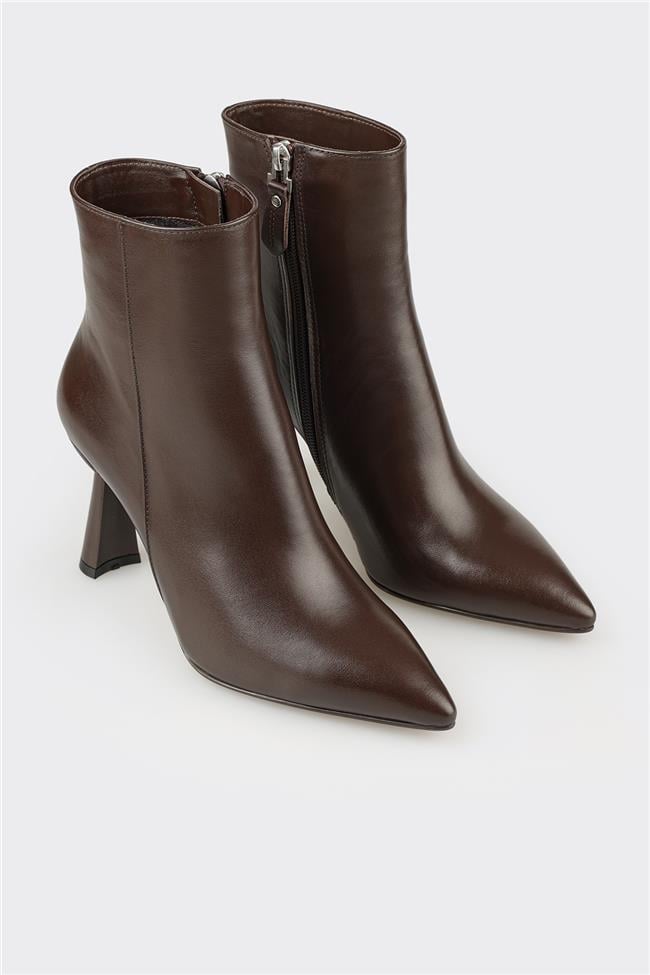 Kahve Deri Kadın Topuklu Bot