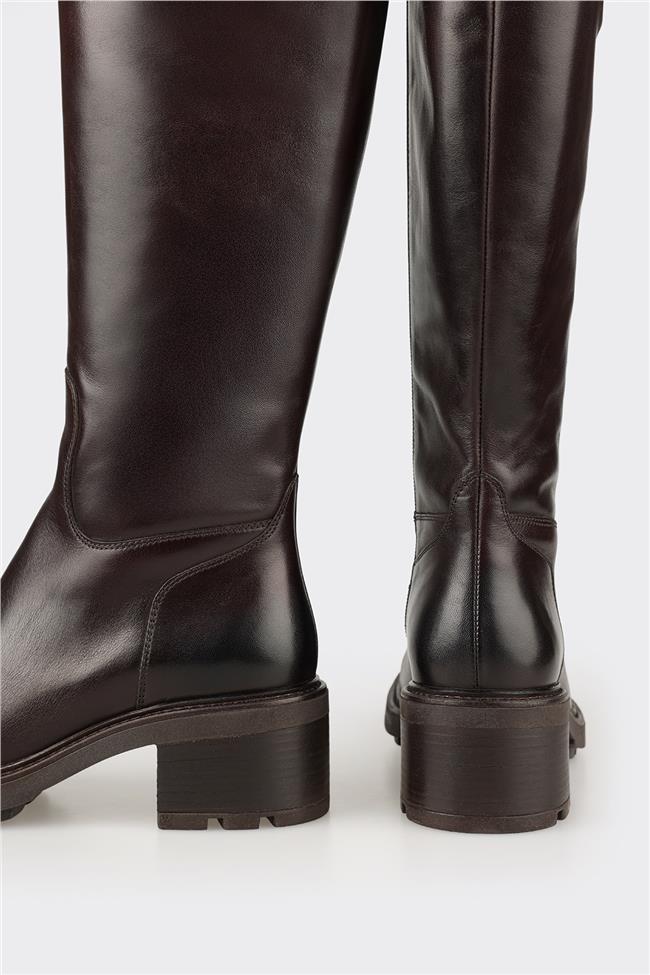 Kahve Deri Kadın Topuklu Çizme