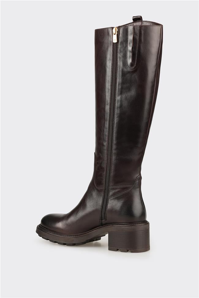 Kahve Deri Kadın Topuklu Çizme