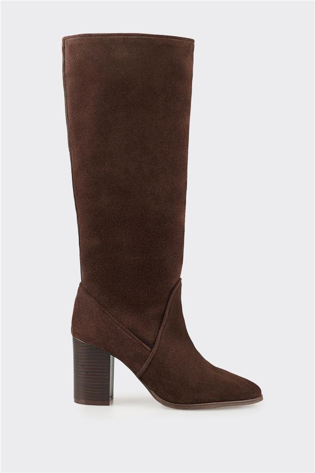 Kahve Deri Kadın Topuklu Çizme