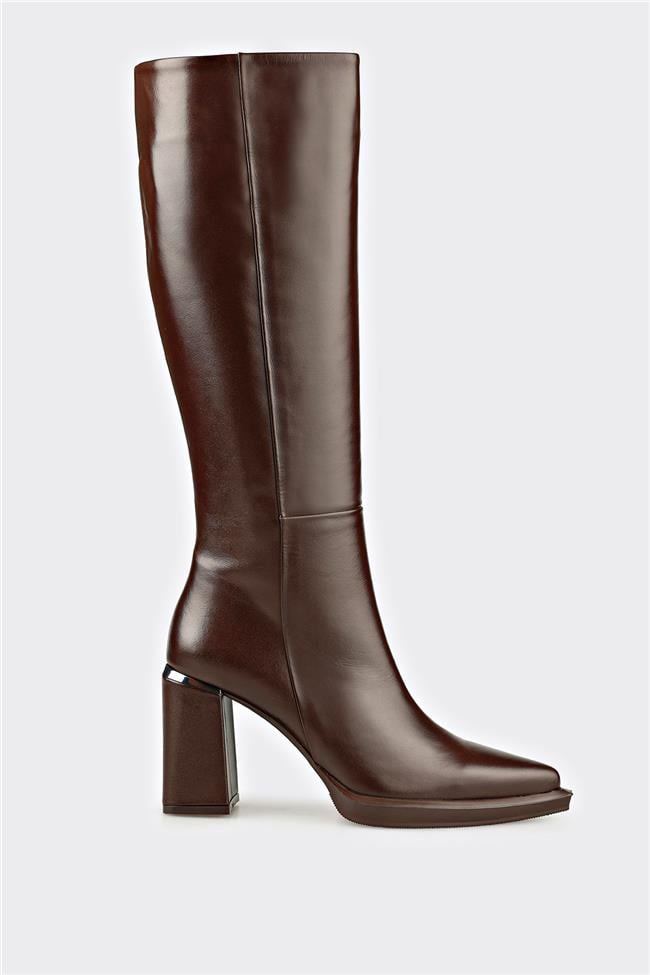 Kahve Deri Kadın Topuklu Çizme