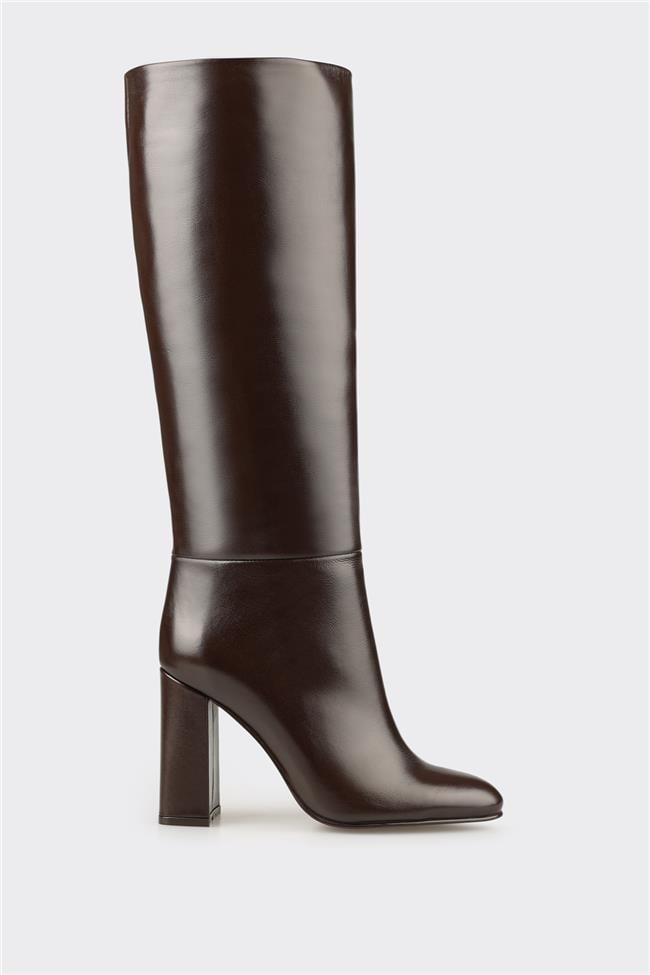Kahve Deri Kadın Topuklu Çizme