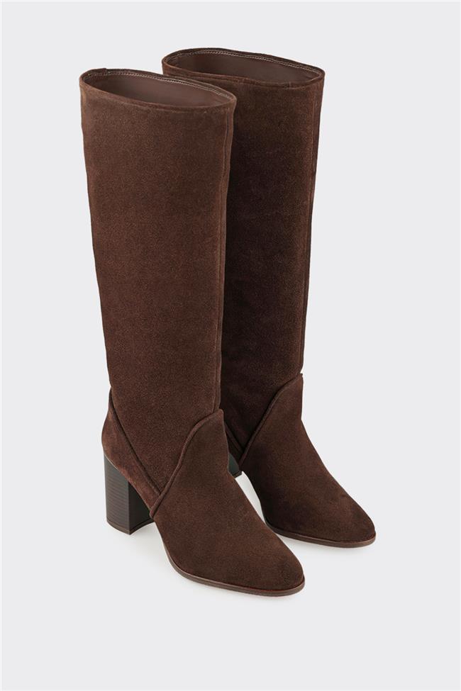Kahve Deri Kadın Topuklu Çizme