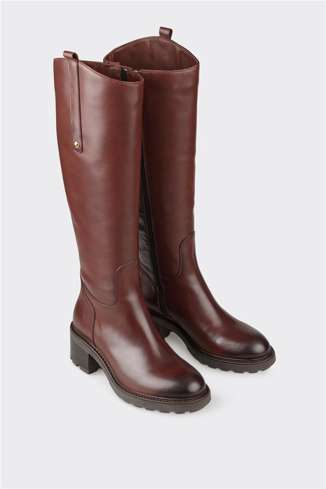 Kahve Deri Kadın Topuklu Çizme